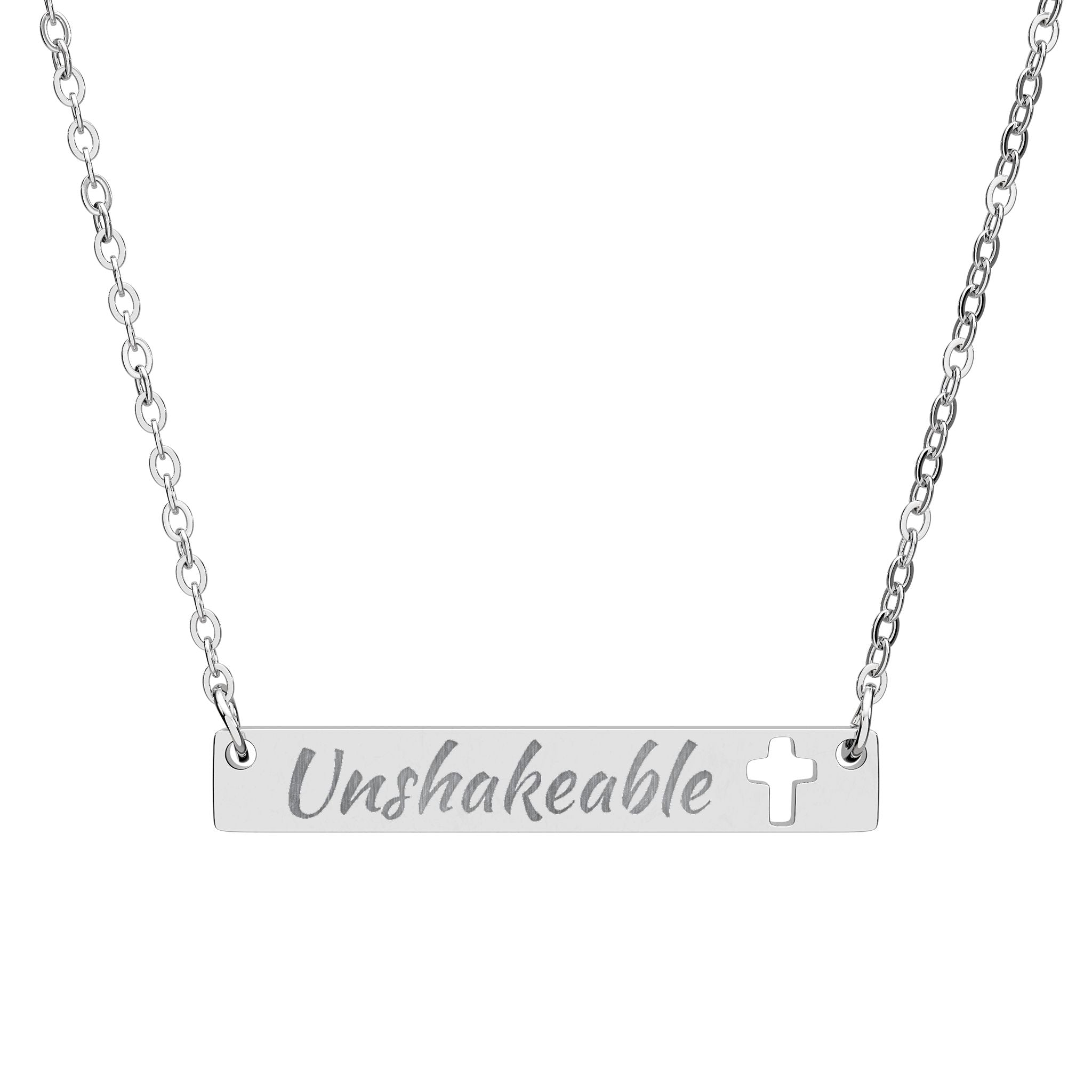 Unshakeable Engraved Cut Out Cross Bar Necklace, Stand Firm In Your Faith
