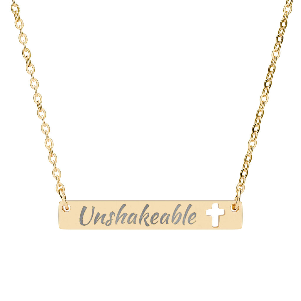 Unshakeable Engraved Cut Out Cross Bar Necklace, Stand Firm In Your Faith