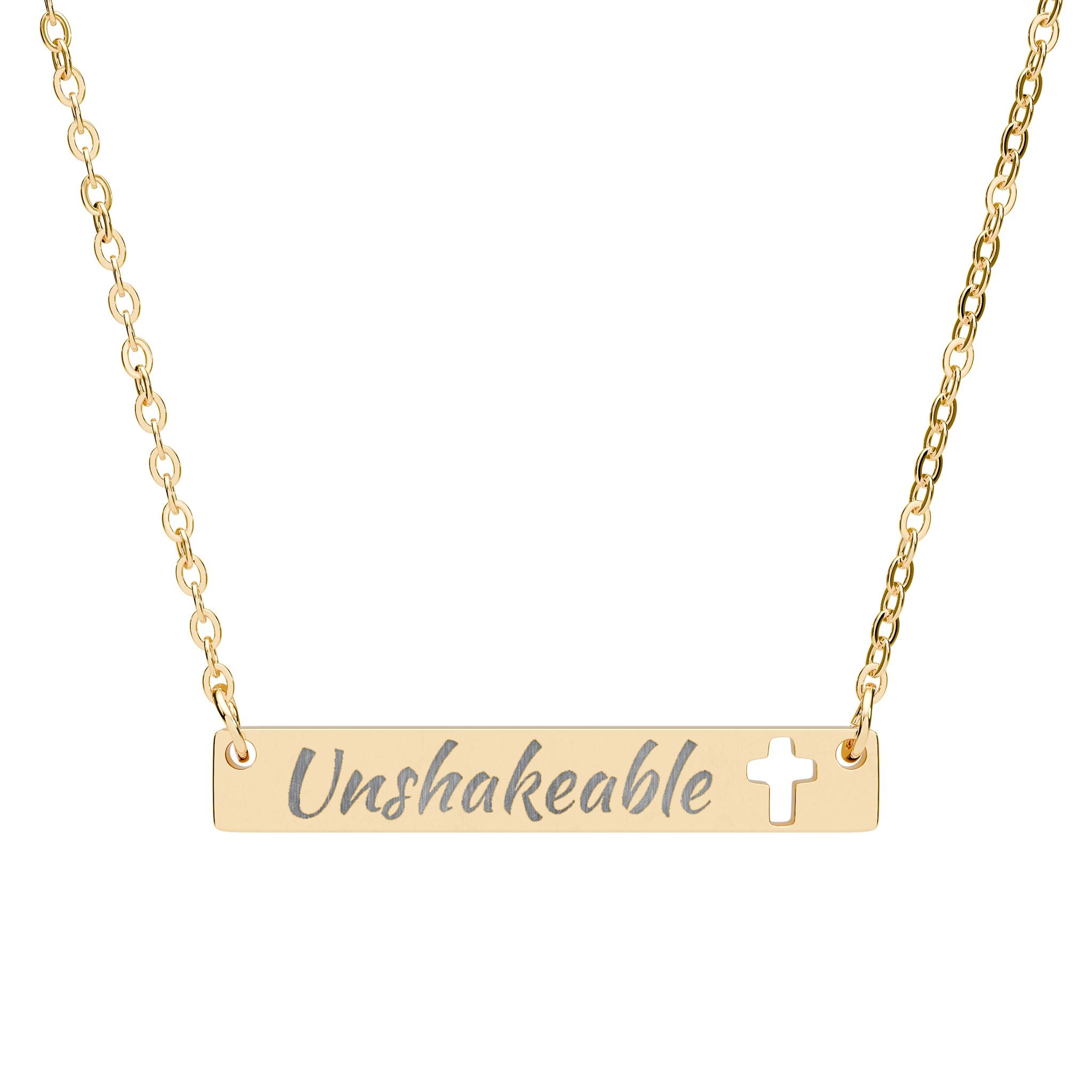 Unshakeable Engraved Cut Out Cross Bar Necklace, Stand Firm In Your Faith