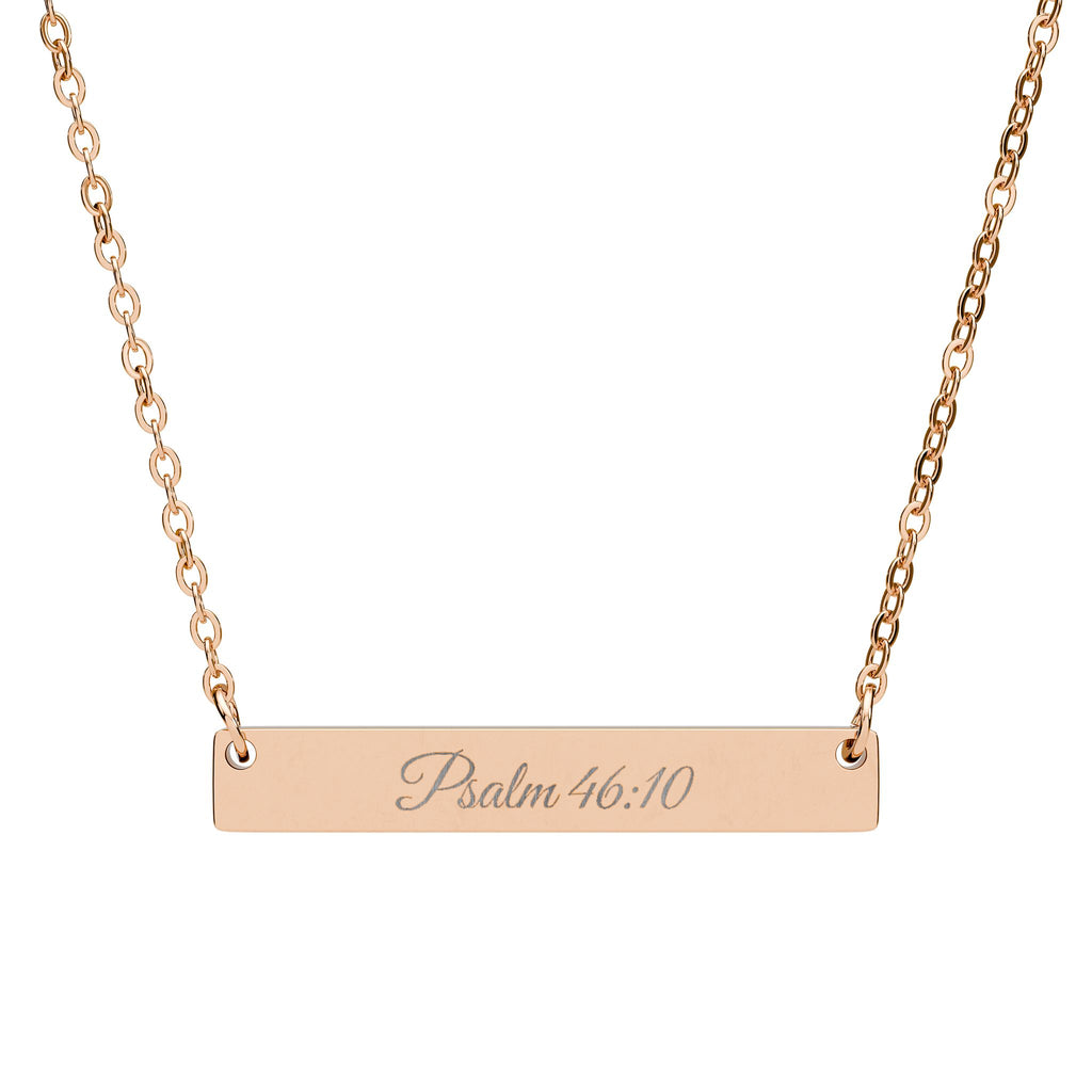 Psalm 46:10 Engraved Horizontal Bar Necklace, Christian Scripture Jewelry