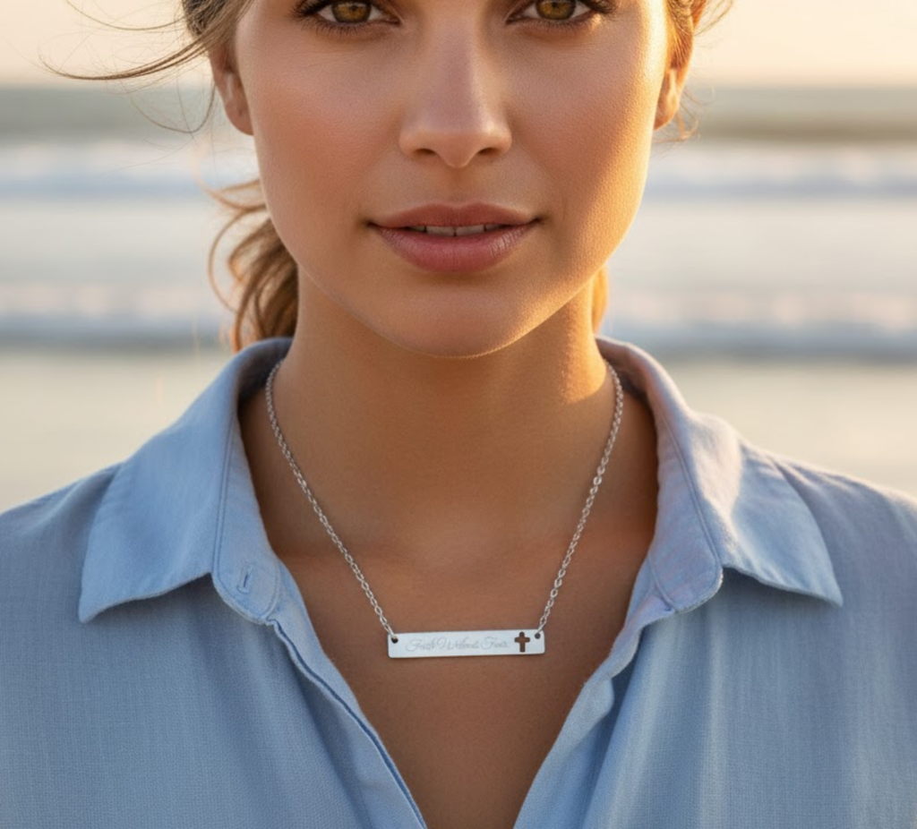 Faith Without Fear Engraved Cross Bar Necklace