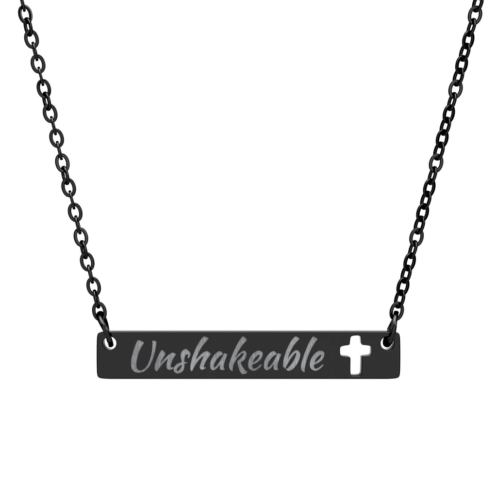 Unshakeable Engraved Cut Out Cross Bar Necklace, Stand Firm In Your Faith