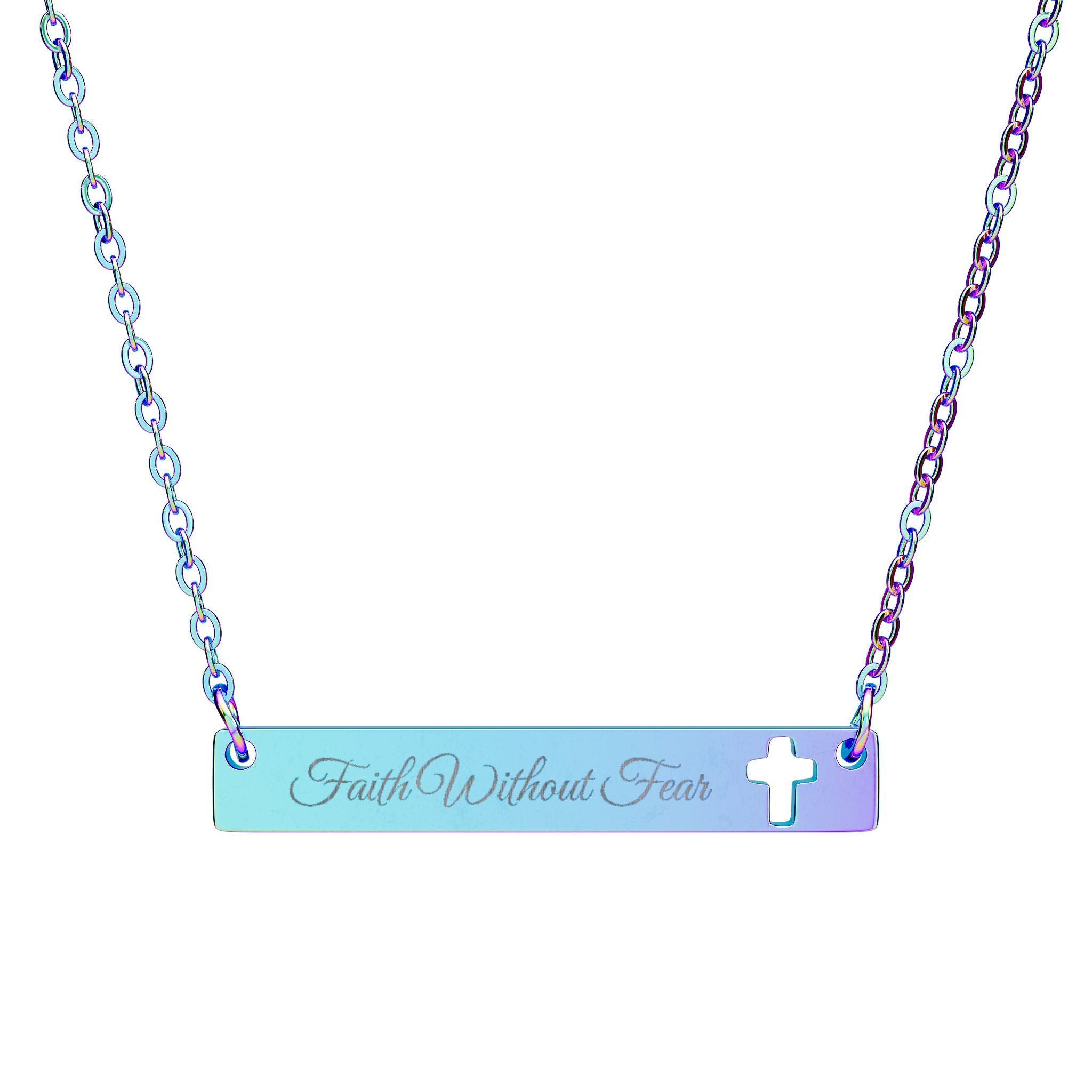 Faith Without Fear Engraved Cross Bar Necklace