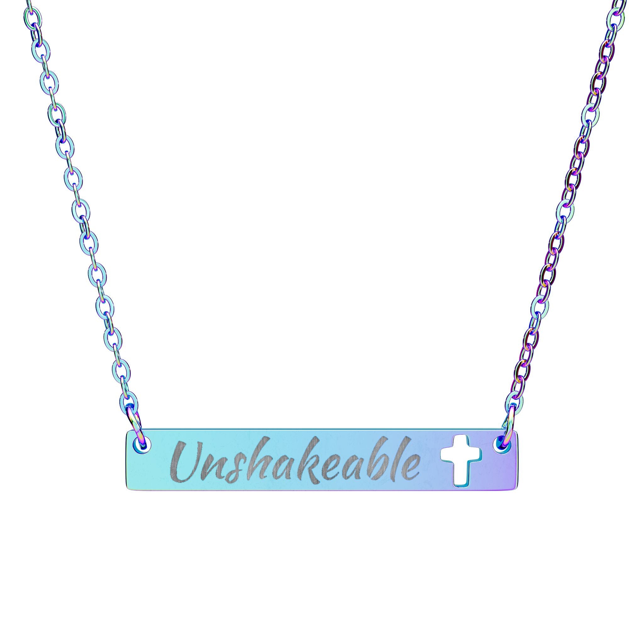 Unshakeable Engraved Cut Out Cross Bar Necklace, Stand Firm In Your Faith