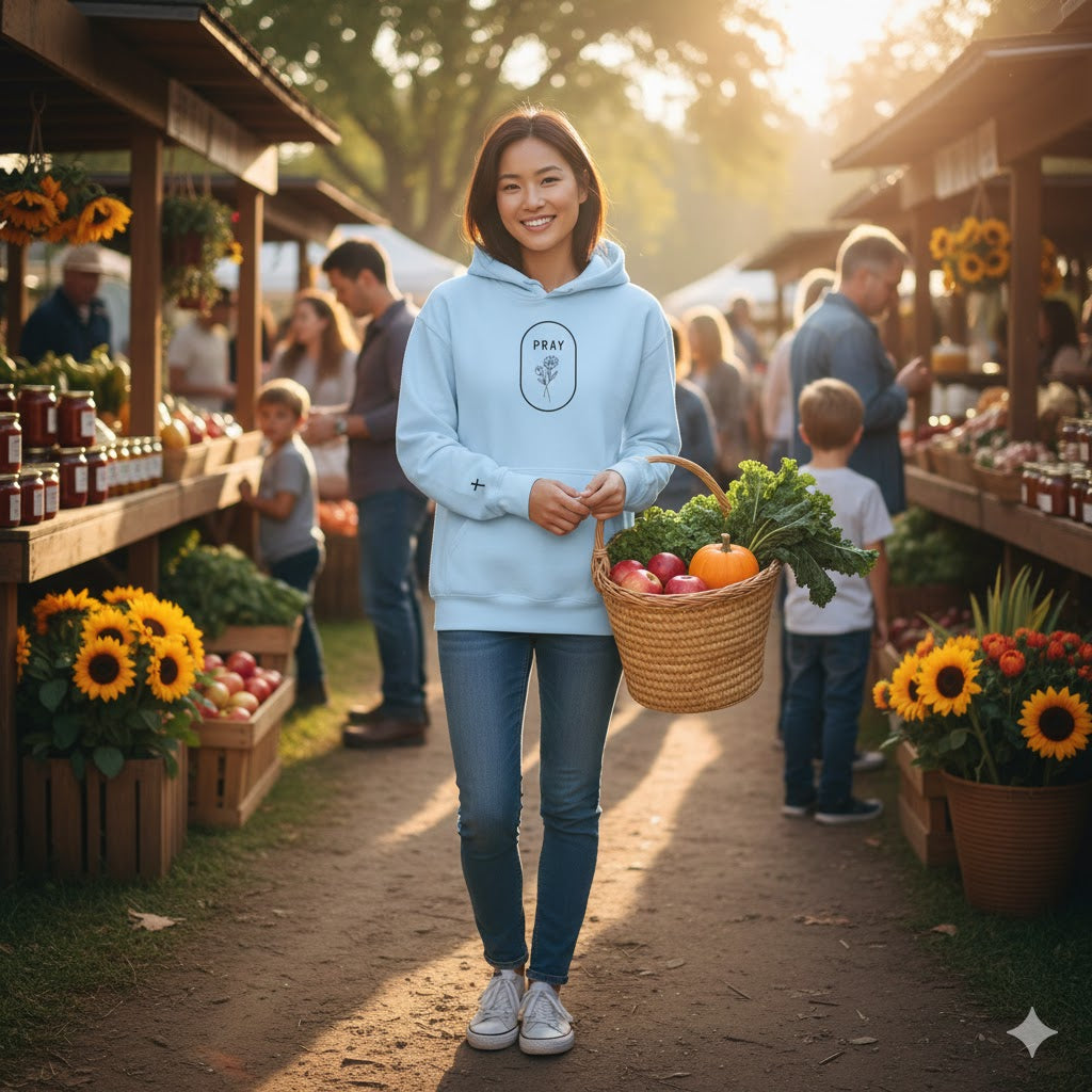 Pray, Minimalist Faith Hoodie With Flowers