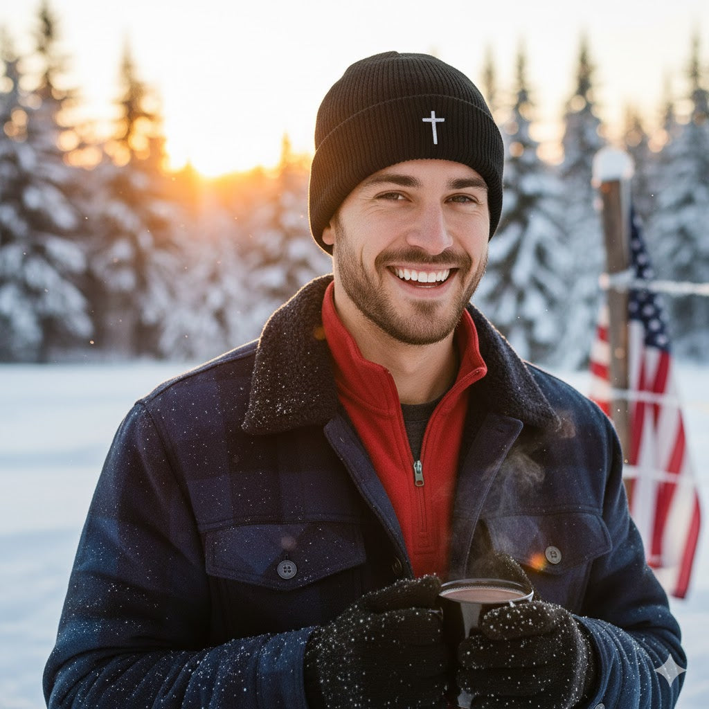 Ribbed Knit Beanie With Cross,Faith-Inspired Winter Hat